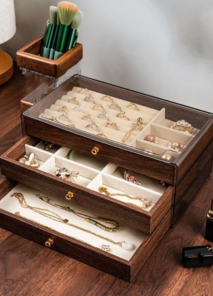 Multi-layer Wooden Jewelry Box Transparent Window Rings Necklace Jewelry Storage Case Organizer Bracelet Earrings