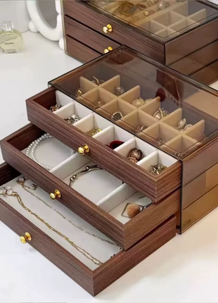 Multi-layer Wooden Jewelry Box Transparent Window Rings Necklace Jewelry Storage Case Organizer Bracelet Earrings