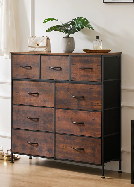 9-Drawer Tall Fabric Storage Dresser with Sturdy Steel Frame and Wooden Top for Bedroom, Living Room, or Closet