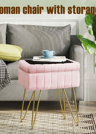 Faux Fur Living Room Hidden Storage Stools & Ottomans Padded Makeup with 4 Metal Legs Anti-Slip Adjustable Feet for Home