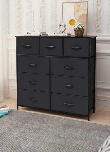 9-Drawer Tall Fabric Storage Dresser with Sturdy Steel Frame and Wooden Top for Bedroom, Living Room, or Closet
