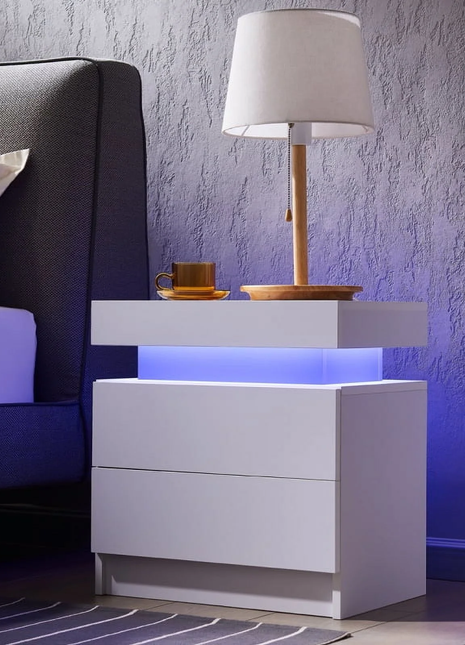 Cubehom LED Nightstands with 2 Drawers, End Table with RGB LED Lights for Bedroom Living Room, White Bedside Table