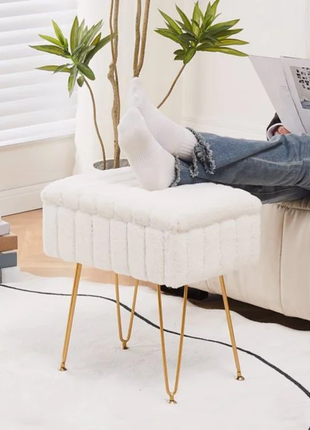 Faux Fur Living Room Hidden Storage Stools & Ottomans Padded Makeup with 4 Metal Legs Anti-Slip Adjustable Feet for Home